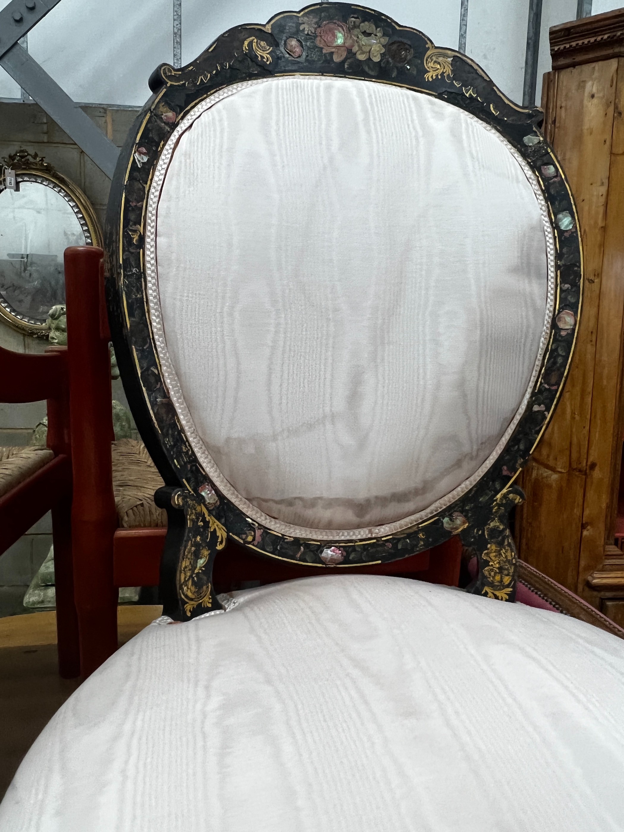 A pair of Victorian mother of pearl inlaid ebonised parcelgilt side chairs, width 52cm, depth 48cm, height 96cm